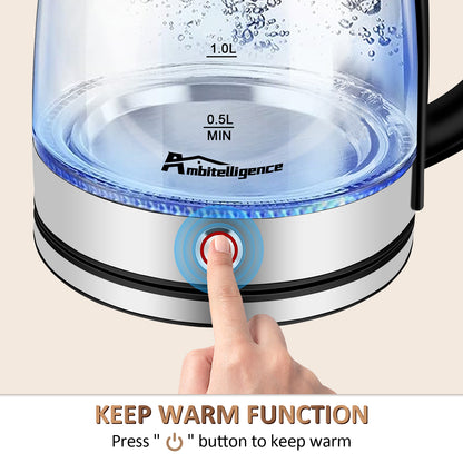 Electric Kettle Keep Warm, 1.8L Glass Tea Kettle, Hot Water Boiler with LED Light, Auto Shut-Off & Boil Dry Protection, Stainless Steel